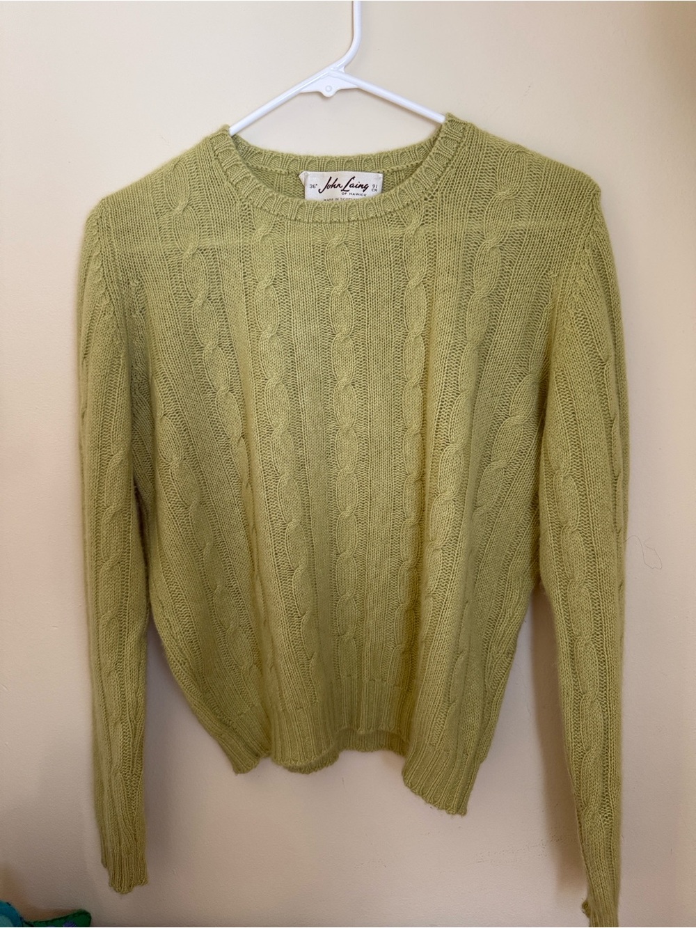 Vintage John Liang Cashmere Cable-Knit Crew Sweater Pistachio sz 36” 91cm